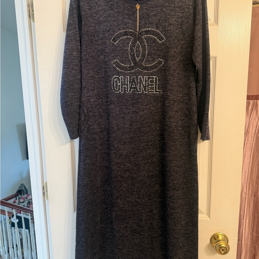 CHANEL Charcoal Crystal-Logo Knit Dress